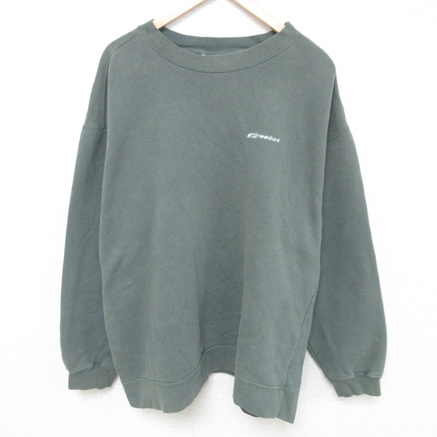 XL★古着 リーボック REEBOK 長袖 スウェット メンズ 00年代 00s ワンポイントロゴ 大きいサイズ クルーネック 濃緑 グリーン 25may12 中古 スエット トレーナー トップス