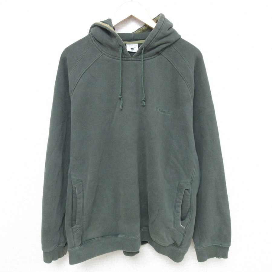XL★古着 コロンビア COLUMBIA 長袖 スウェット パーカー メンズ ワンポイントロゴ ラグラン 濃緑 グリーン 25may12 中古 スエット トレーナー トップス