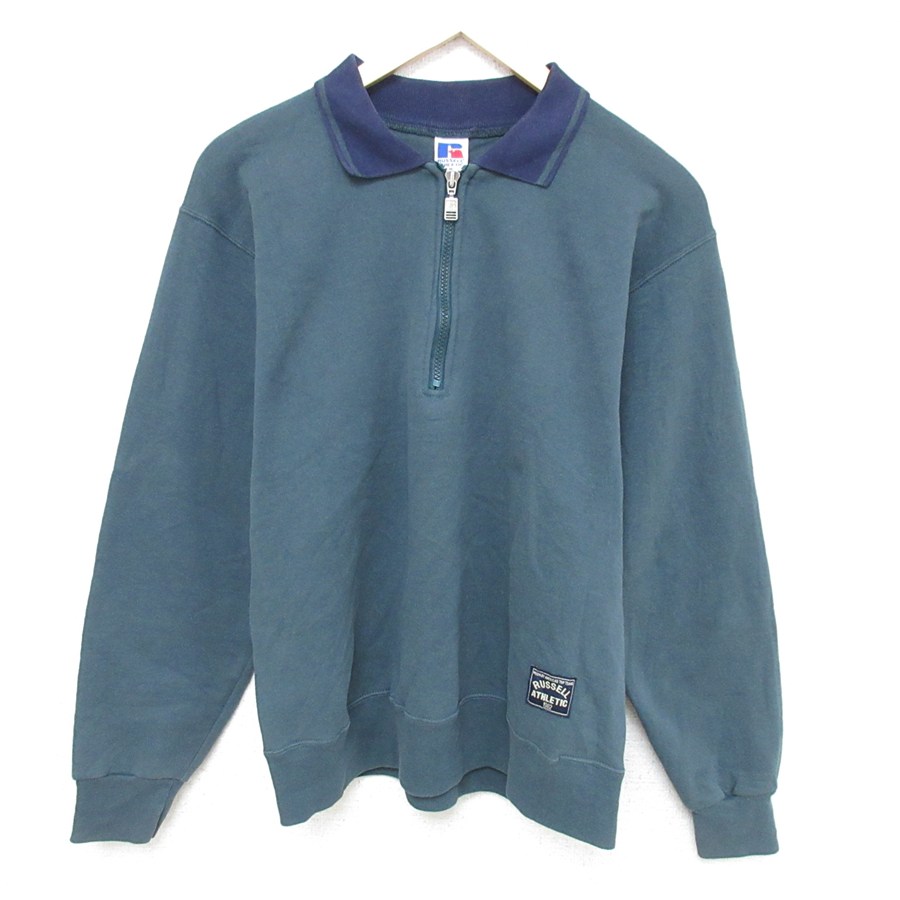 【50%OFF】M★古着 ラッセル 長袖 ハーフジップ スウェット メンズ 90年代 90s 無地 襟付き USA製 濃緑 グリーン 【spe】 25may12 中古 スエット トレーナー トップス