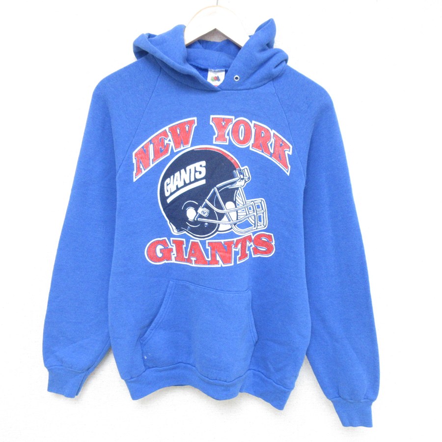 M★古着 フルーツオブザルーム 長袖 スウェット パーカー メンズ 90年代 90s NFL ニューヨークジャイアンツ ラグラン USA製 青 ブルー アメフト スーパーボウル 25may12 中古 スエット トレーナー トップス
