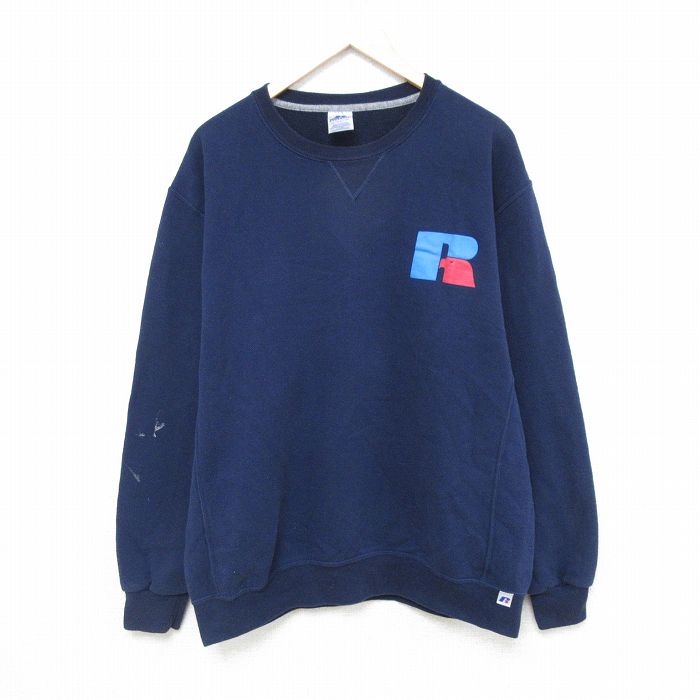 【50%OFF】XL★古着 ラッセル 長袖 スウェット メンズ 00年代 00s ワンポイントロゴ クルーネック 紺 ネイビー 【spe】 25may09 中古 スエット トレーナー トップス