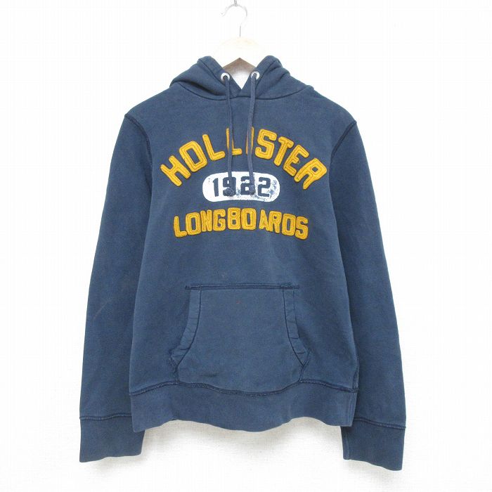 M★古着 ホリスター Hollister 長袖 スウェット パーカー メンズ ビッグロゴ 薄紺 ネイビー 25may09 中古 スエット トレーナー トップス