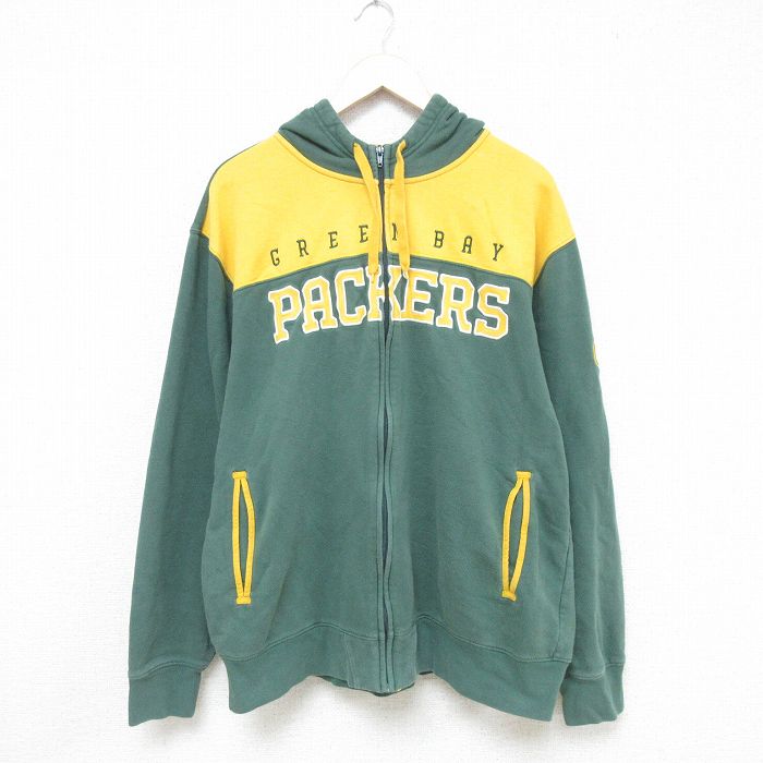 XL★古着 長袖 フルジップ スウェット パーカー メンズ 00年代 00s NFL グリーンベイパッカーズ 刺繍 緑他 グリーン アメフト スーパーボウル 25may09 中古 スエット トレーナー トップス