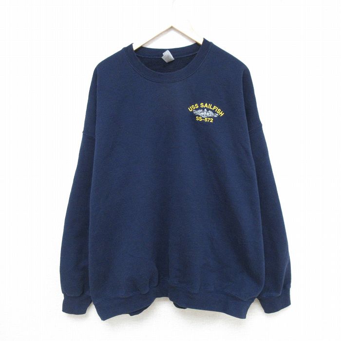 XL★古着 長袖 スウェット メンズ ミリタリー セイルフィッシュ 大きいサイズ クルーネック 紺 ネイビー 25may09 中古 スエット トレーナー トップス