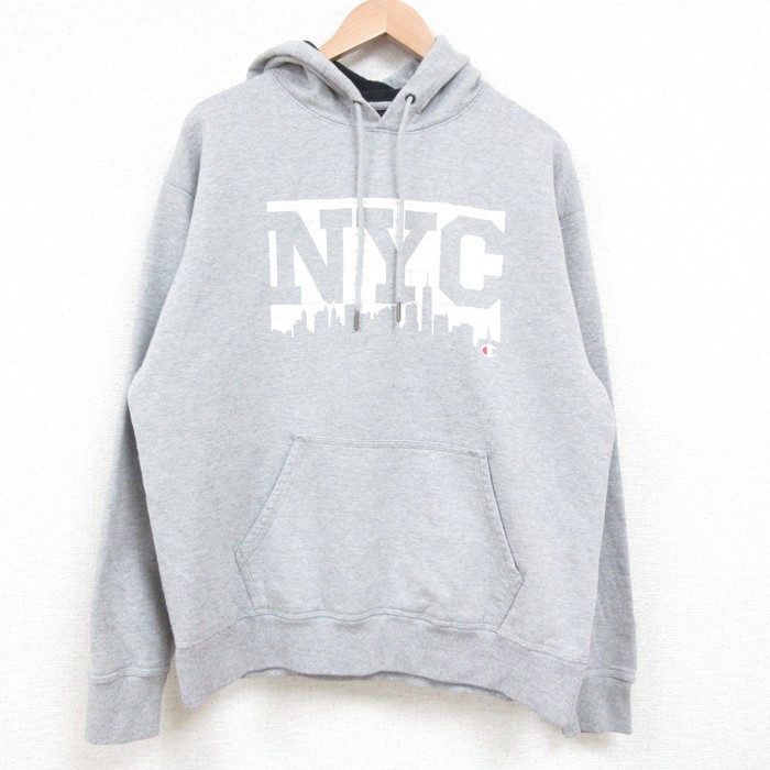 L★古着 チャンピオン champion 長袖 スウェット パーカー メンズ NYC 薄グレー 霜降り 25may10 中古 スエット トレーナー トップス