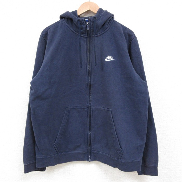 L★古着 ナイキ NIKE 長袖 フルジップ スウェット パーカー メンズ ワンポイントロゴ 紺 ネイビー 25may10 中古 スエット トレーナー トップス