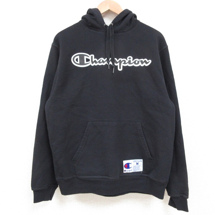 M★古着 チャンピオン champion 長袖 スウェット パーカー メンズ ビッグロゴ 黒 ブラック 25may10 中古 スエット トレーナー トップス