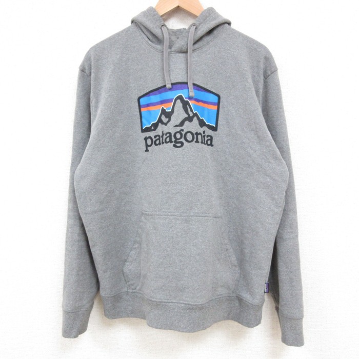 L★古着 パタゴニア 長袖 スウェット パーカー メンズ ビッグロゴ 濃グレー 霜降り 25may10 中古 スエット トレーナー トップス