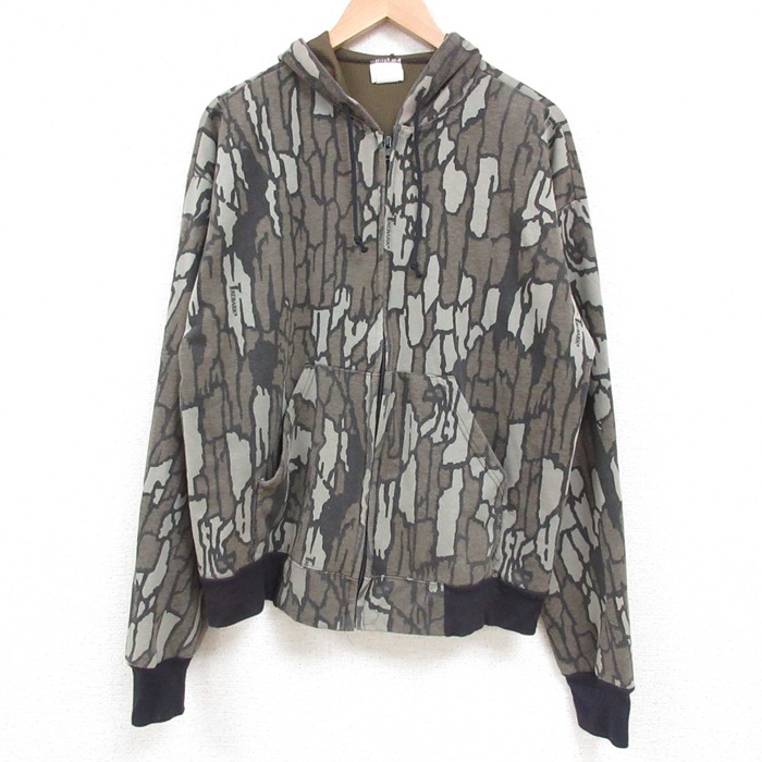 L★古着 長袖 フルジップ スウェット パーカー メンズ 90年代 90s TREBARK USA製 濃緑 グリーン 迷彩 内側サーマル 25may10 中古 スエット トレーナー トップス