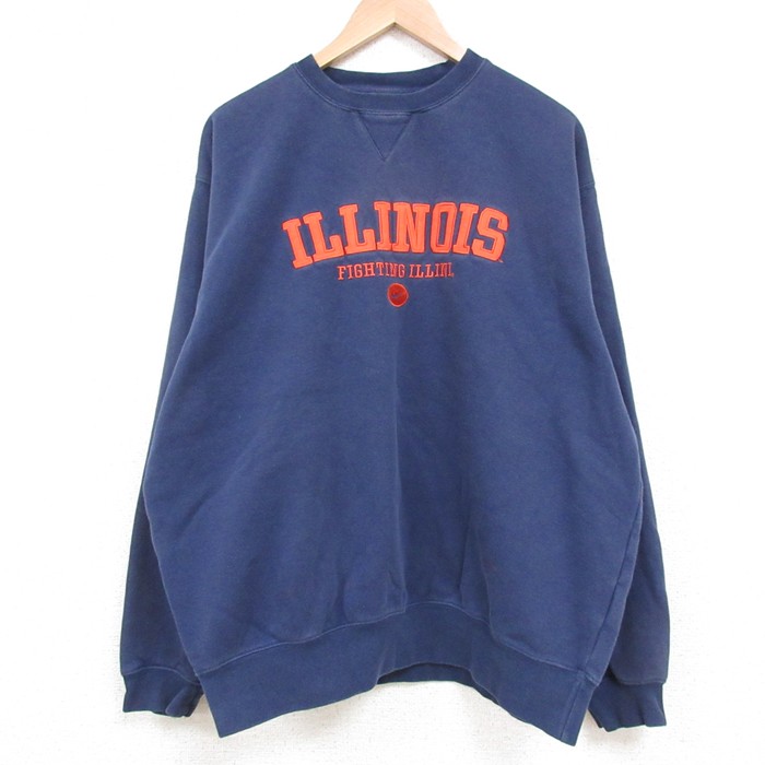 XL★古着 ナイキ NIKE 長袖 スウェット メンズ 00年代 00s イリノイ クルーネック 紺 ネイビー 25may10 中古 スエット トレーナー トップス