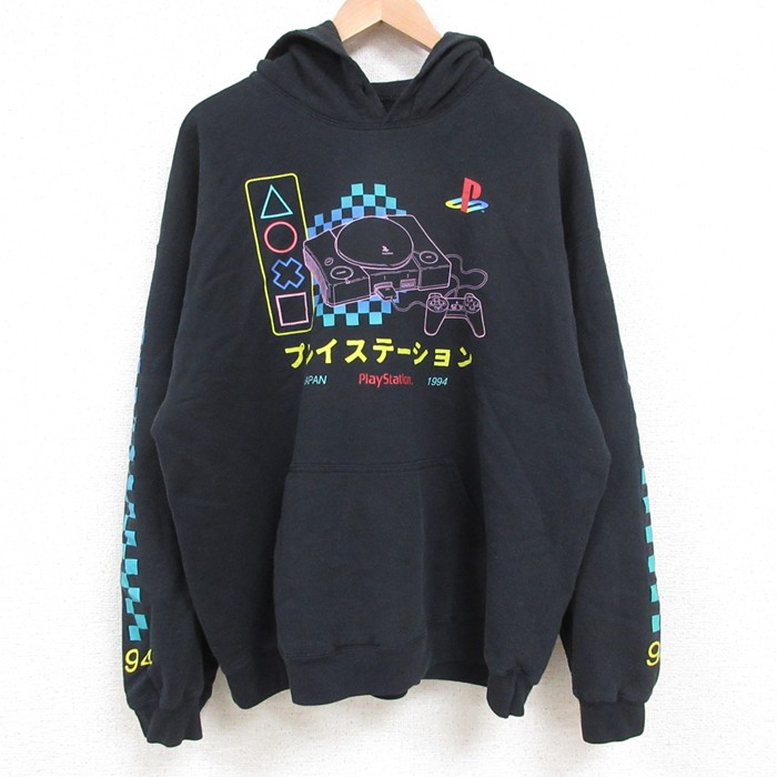 XL★古着 長袖 スウェット パーカー メンズ プレイステーション 黒 ブラック 25may10 中古 スエット トレーナー トップス