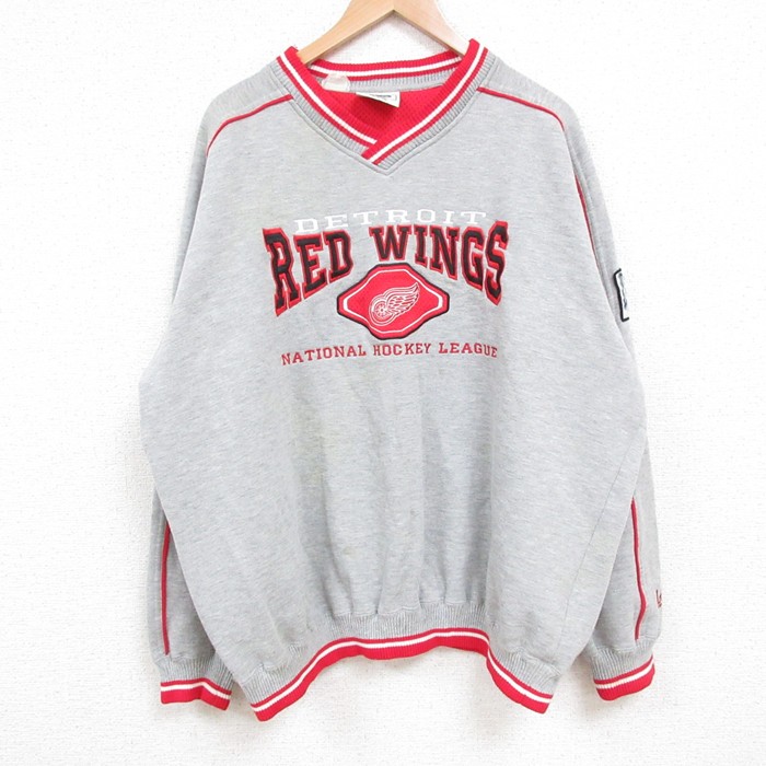XL★古着 リー Lee 長袖 スウェット メンズ 00年代 00s NHL デトロイトレッドウィングス 刺繍 大きいサイズ ラグラン Vネック グレー 霜降り アイスホッケー 25may10 中古 スエット トレーナー トップス