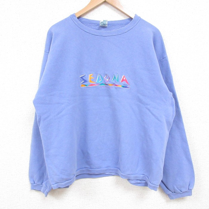 L★古着 長袖 スウェット メンズ 90年代 90s アリゾナ 刺繍 クルーネック USA製 薄紺 ネイビー 25may13 中古 スエット トレーナー トップス