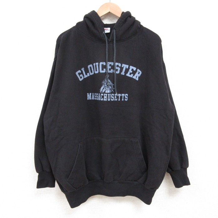 XL★古着 長袖 スウェット パーカー メンズ マサチューセッツ 大きいサイズ 黒 ブラック 25may13 中古 スエット トレーナー トップス