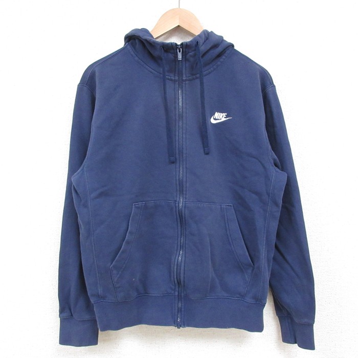 M★古着 ナイキ NIKE 長袖 フルジップ スウェット パーカー メンズ ワンポイントロゴ 紺 ネイビー 25may13 中古 スエット トレーナー トップス