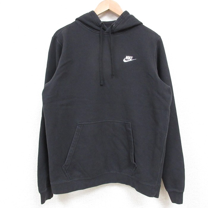 M★古着 ナイキ NIKE 長袖 スウェット パーカー メンズ ワンポイントロゴ 黒 ブラック 25may13 中古 スエット トレーナー トップス