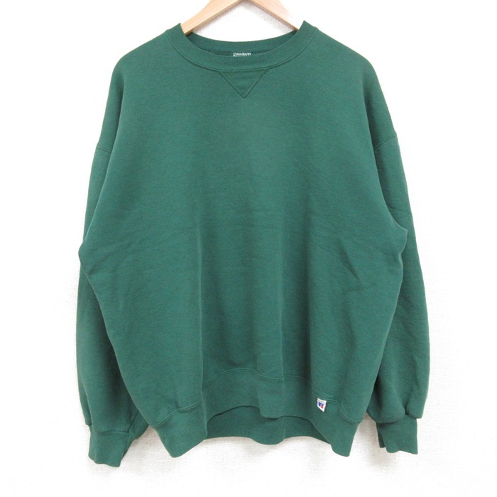 XL★古着 ラッセル 長袖 スウェット メンズ 90年代 90s 無地 クルーネック USA製 緑 グリーン 25may13 中古 スエット トレーナー トップス