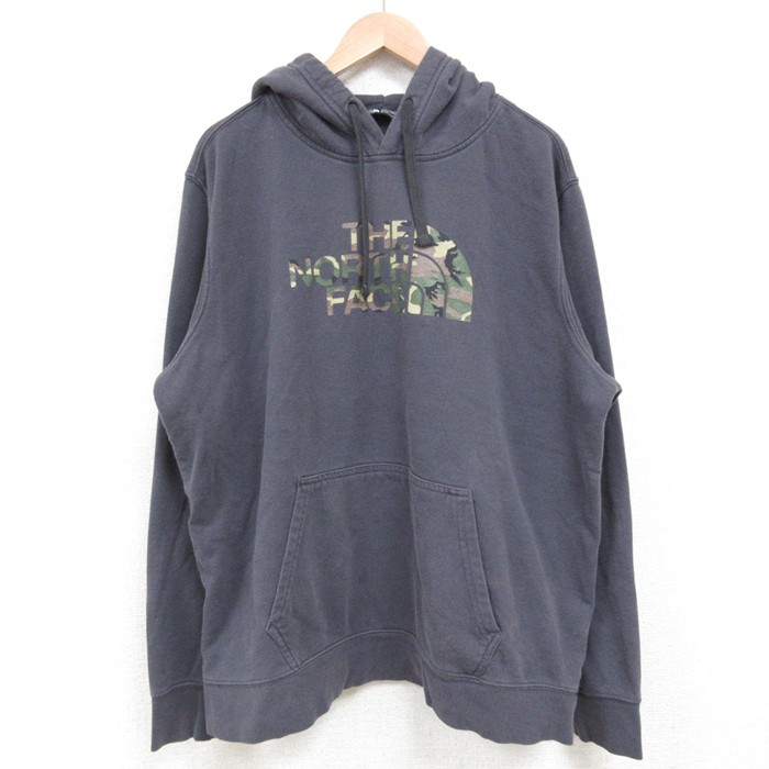XL★古着 ノースフェイス THE NORTH FACE 長袖 スウェット パーカー メンズ ビッグロゴ クルーネック 濃グレー 25may13 中古 スエット トレーナー トップス