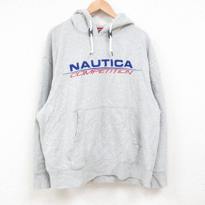 XL★古着 ノーティカ NAUTICA 長袖 ブランド スウェット パーカー メンズ ビッグロゴ 刺繍 グレー 霜降り 25may22 中古 スエット トレーナー トップス