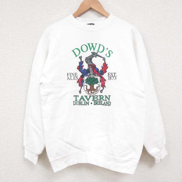 M★古着 長袖 スウェット メンズ 80年代 80s DOWDS TAVERN エンブレム クルーネック USA製 白 ホワイト 25may22 中古 スエット トレーナー トップス