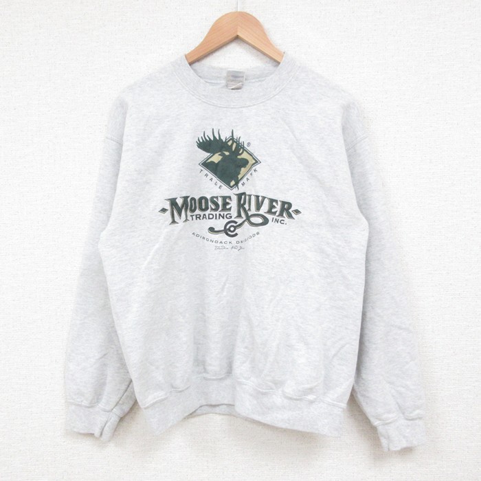 M★古着 長袖 スウェット メンズ 00年代 00s MOOSE RIVER シカ クルーネック 薄グレー 霜降り 25may22 中古 スエット トレーナー トップス