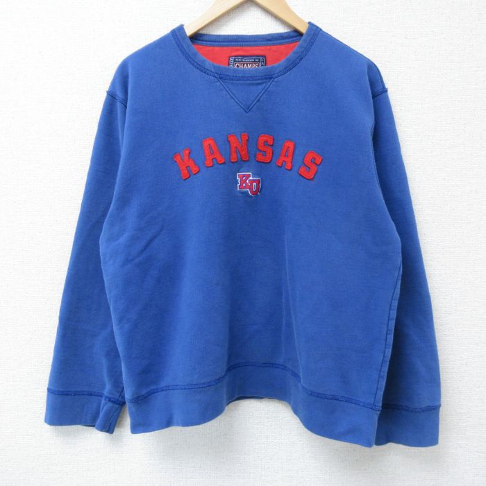 【50%OFF】L★古着 長袖 スウェット メンズ 00年代 00s カンザス クルーネック 青 ブルー 25may14 中古 スエット トレーナー トップス