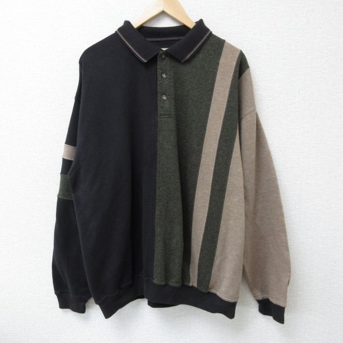 XL★古着 長袖 スウェット メンズ 襟付き 黒他 ブラック 霜降り 25may14 中古 スエット トレーナー トップス