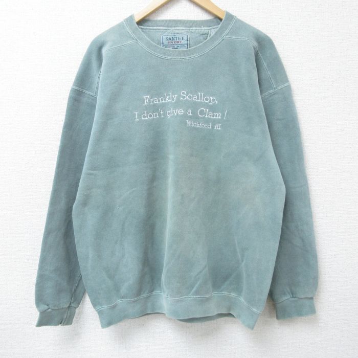 【20%OFF】L★古着 長袖 スウェット メンズ 90年代 90s メッセージ 刺繍 クルーネック USA製 薄緑 グリーン 25may14 中古 スエット トレーナー トップス