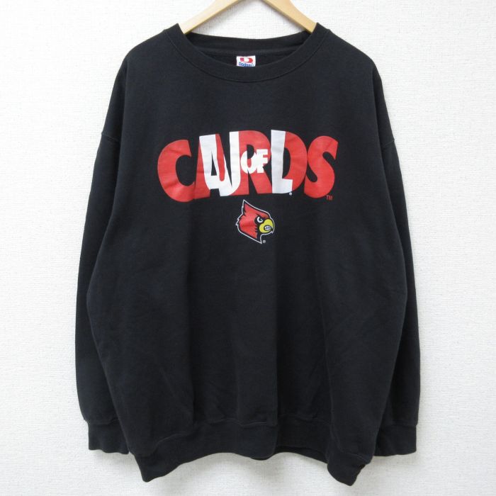 XL★古着 長袖 スウェット メンズ CARDS 大きいサイズ クルーネック 黒 ブラック 25may14 中古 スエット トレーナー トップス