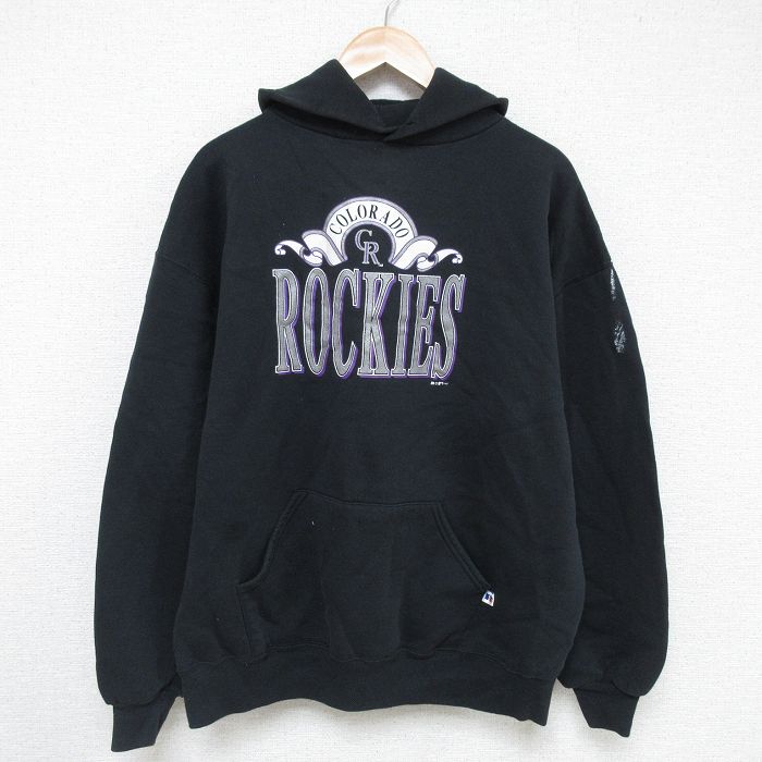 XL★古着 ラッセル 長袖 スウェット パーカー メンズ 90年代 90s MLB コロラドロッキーズ 大きいサイズ USA製 黒 ブラック メジャーリーグ ベースボール 野球 【spe】 25may21 中古 スエット トレーナー トップス