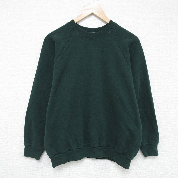 【20%OFF】L★古着 フルーツオブザルーム 長袖 スウェット メンズ 90年代 90s 無地 クルーネック USA製 緑 グリーン 25may21 中古 スエット トレーナー トップス