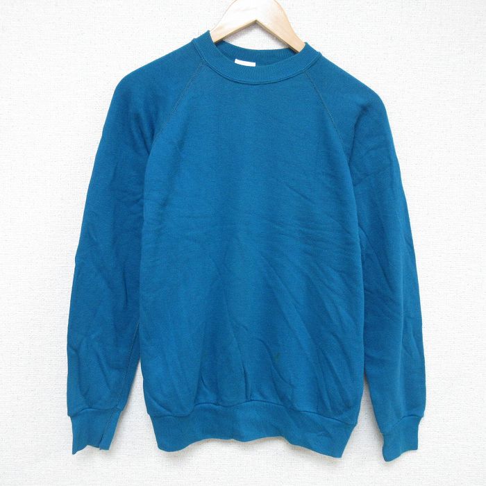 M★古着 長袖 スウェット メンズ 90年代 90s 無地 クルーネック USA製 青緑 25may21 中古 スエット トレーナー トップス