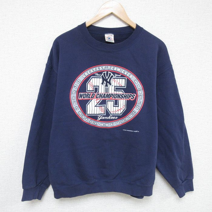 【50%OFF】L★古着 長袖 スウェット メンズ 90年代 90s MLB ニューヨークヤンキース クルーネック 紺 ネイビー メジャーリーグ ベースボール 野球 25may21 中古 スエット トレーナー トップス