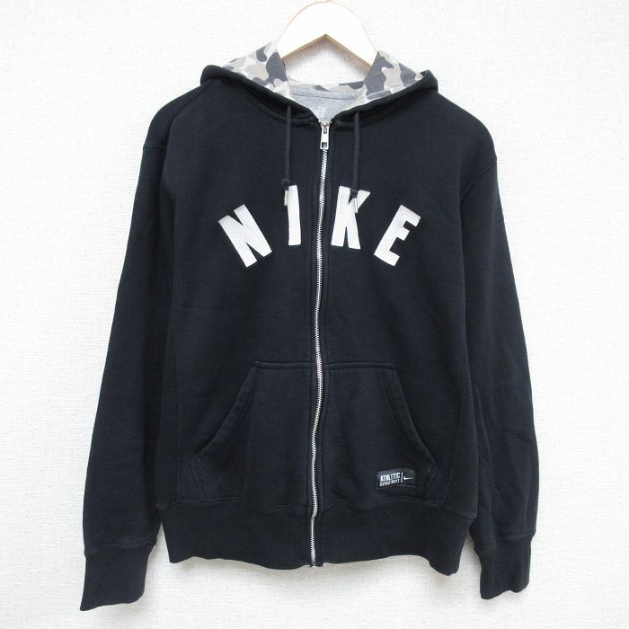【20%OFF】L★古着 ナイキ NIKE 長袖 フルジップ スウェット パーカー メンズ ビッグロゴ 黒 ブラック 25may21 中古 スエット トレーナー トップス