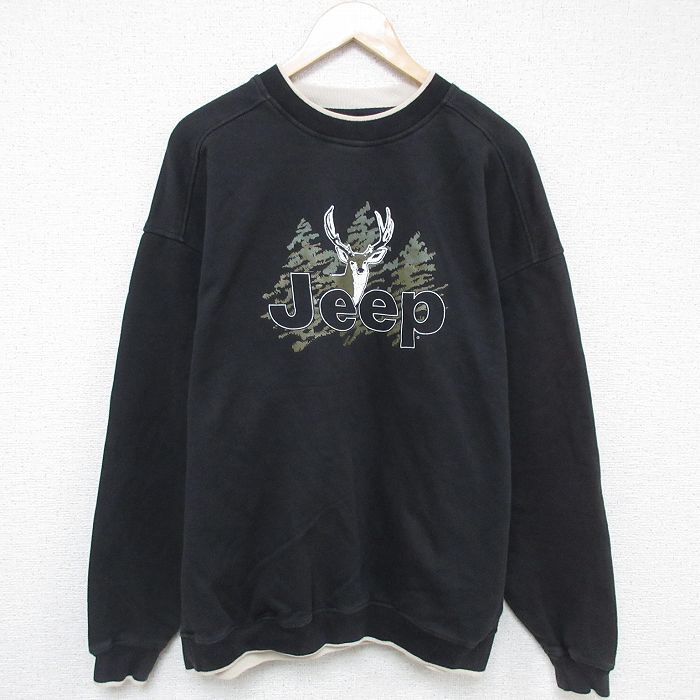 【50%OFF】XL★古着 長袖 スウェット メンズ 90年代 90s ジープ 大きいサイズ クルーネック USA製 黒 ブラック 25may21 中古 スエット トレーナー トップス