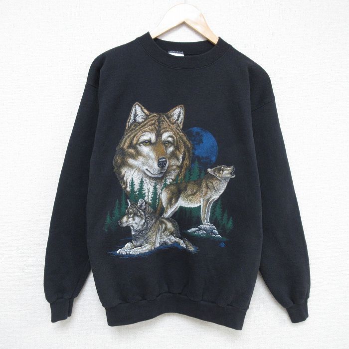M★古着 TULTEX 長袖 スウェット メンズ 90年代 90s オオカミ クルーネック USA製 黒 ブラック 25may21 中古 スエット トレーナー トップス