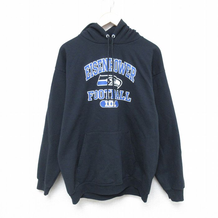 【50%OFF】L★古着 長袖 スウェット パーカー メンズ 00年代 00s フットボール 黒 ブラック 25may20 中古 スエット トレーナー トップス