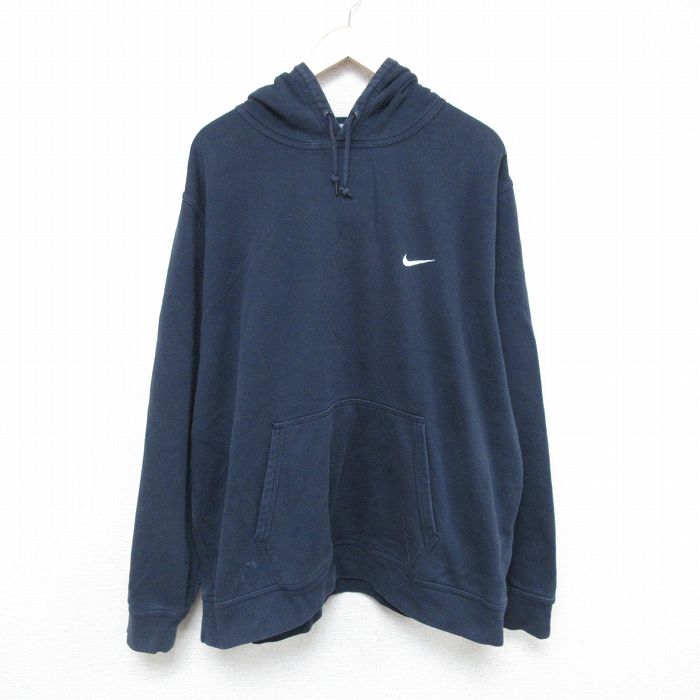 XL★古着 ナイキ NIKE 長袖 スウェット パーカー メンズ ワンポイントロゴ 大きいサイズ 紺 ネイビー 25may20 中古 スエット トレーナー トップス