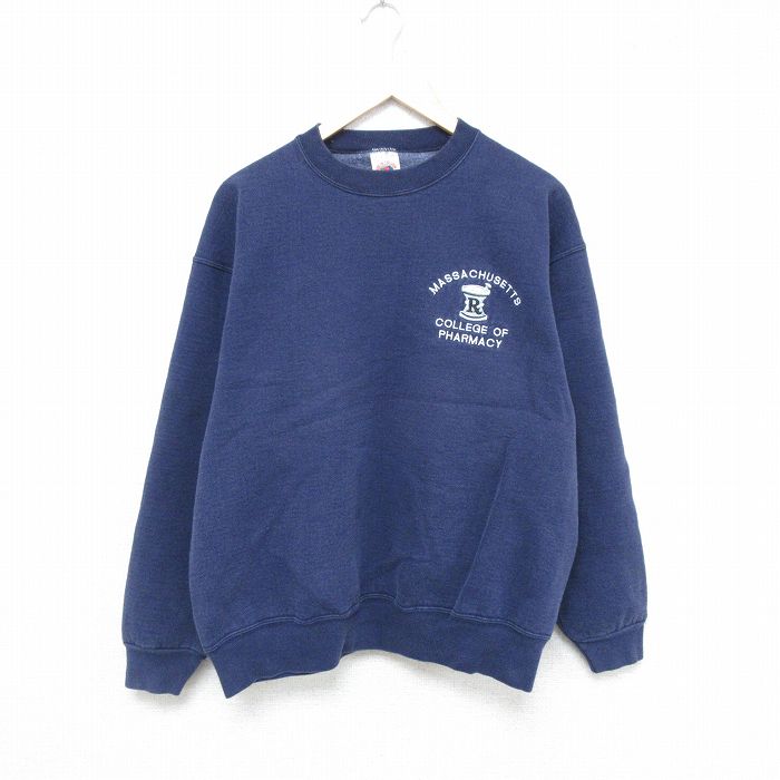 L★古着 フルーツオブザルーム 長袖 スウェット メンズ 90年代 90s マサチューセッツ クルーネック USA製 紺 ネイビー 25may20 中古 スエット トレーナー トップス