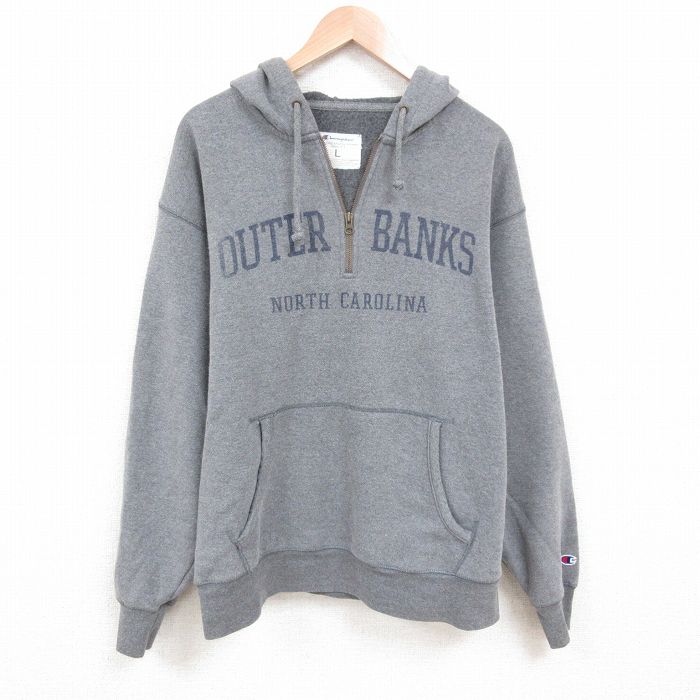 XL★古着 チャンピオン champion 長袖 ハーフジップ スウェット パーカー メンズ OUTER BANKS グレー 霜降り 25may23 中古 スエット トレーナー トップス