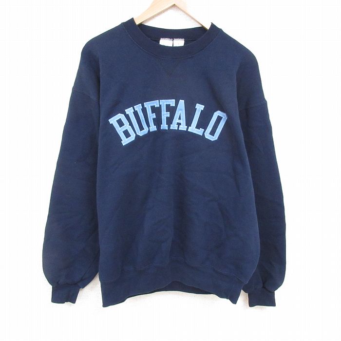 【50%OFF】XL★古着 長袖 スウェット メンズ 90年代 90s BUFFALO 大きいサイズ クルーネック USA製 紺 ネイビー 25may23 中古 スエット トレーナー トップス