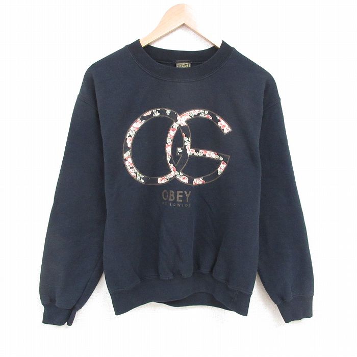 M★古着 オベイ OBEY 長袖 スウェット メンズ OG クルーネック 黒 ブラック 25may23 中古 スエット トレーナー トップス