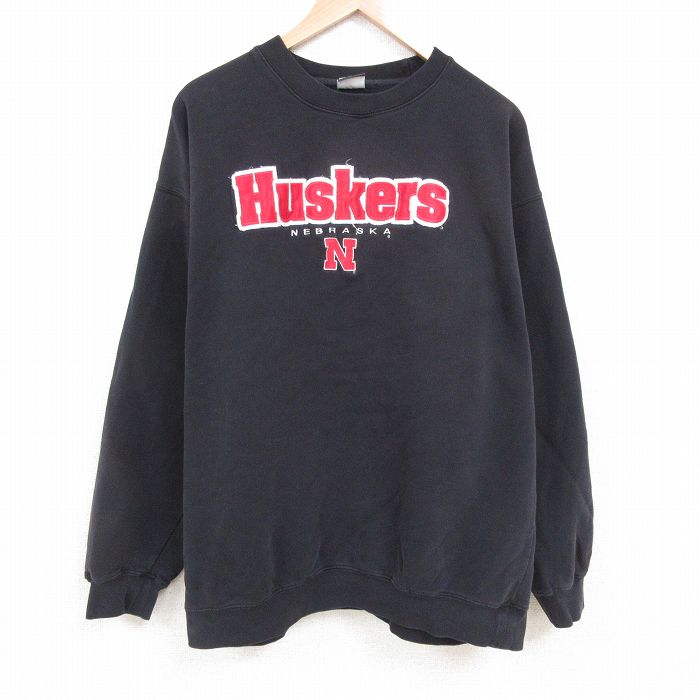 【50%OFF】XL★古着 長袖 スウェット メンズ ネブラスカハスカーズ 大きいサイズ クルーネック 黒 ブラック 25may23 中古 スエット トレーナー トップス