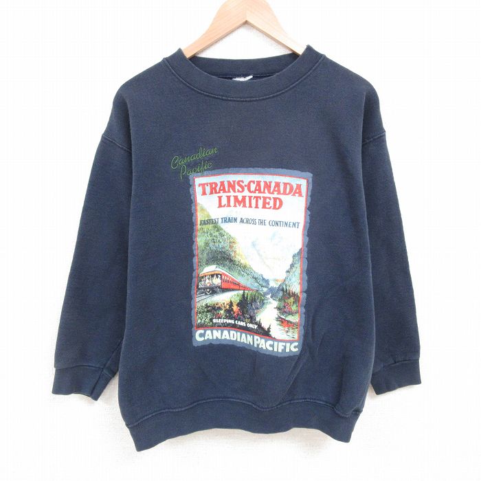 【50%OFF】L★古着 長袖 スウェット メンズ TRANS CANADA 電車 クルーネック 濃グレー 25may23 中古 スエット トレーナー トップス