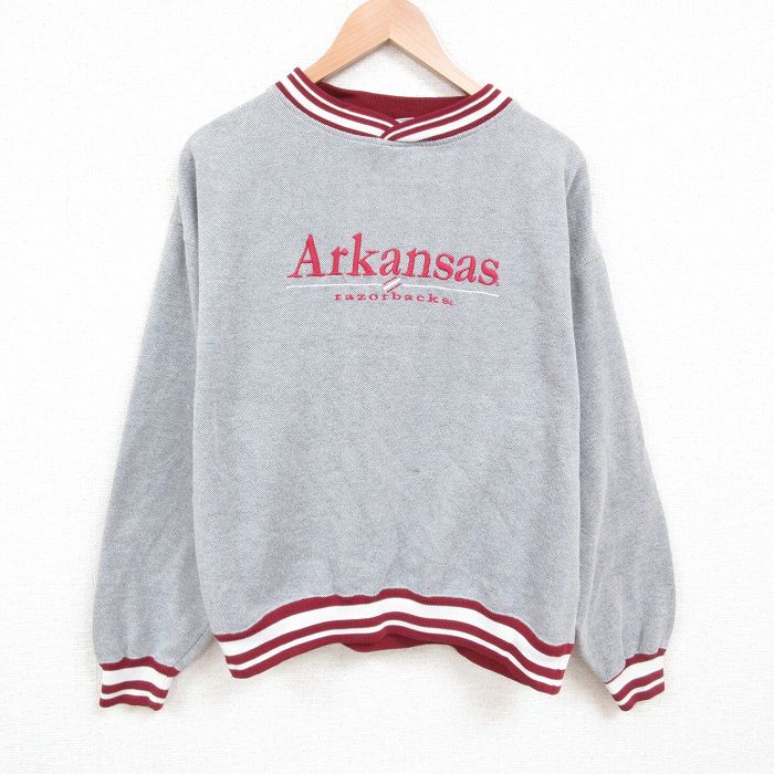 XL★古着 長袖 スウェット メンズ 00年代 00s Arkansas 刺繍 鹿の子 クルーネック グレー 25may23 中古 スエット トレーナー トップス