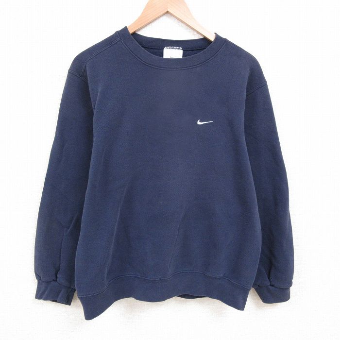 L★古着 ナイキ NIKE 長袖 スウェット メンズ 00年代 00s ワンポイントロゴ クルーネック 紺 ネイビー 25may23 中古 スエット トレーナー トップス