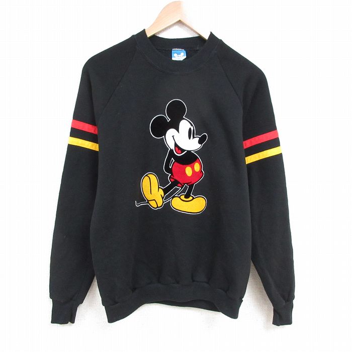 L★古着 長袖 スウェット メンズ 80年代 80s ディズニー DISNEY ミッキー MICKEY MOUSE フロッキープリント ラグラン クルーネック USA製 黒 ブラック 【spe】 25may24 中古 スエット トレーナー トップス