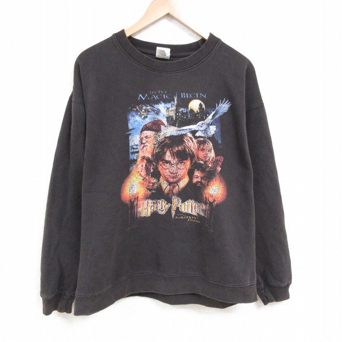 XL★古着 長袖 スウェット メンズ 映画 ハリーポッター 大きいサイズ クルーネック 黒 ブラック 25may24 中古 スエット トレーナー トップス
