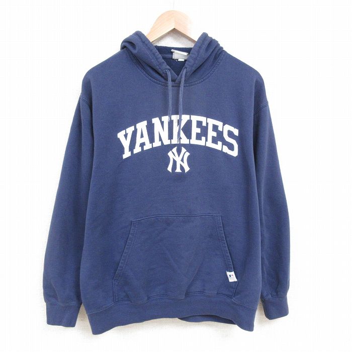 【50%OFF】XL★古着 長袖 スウェット パーカー メンズ MLB ニューヨークヤンキース 大きいサイズ 紺 ネイビー メジャーリーグ ベースボール 野球 25may24 中古 スエット トレーナー トップス