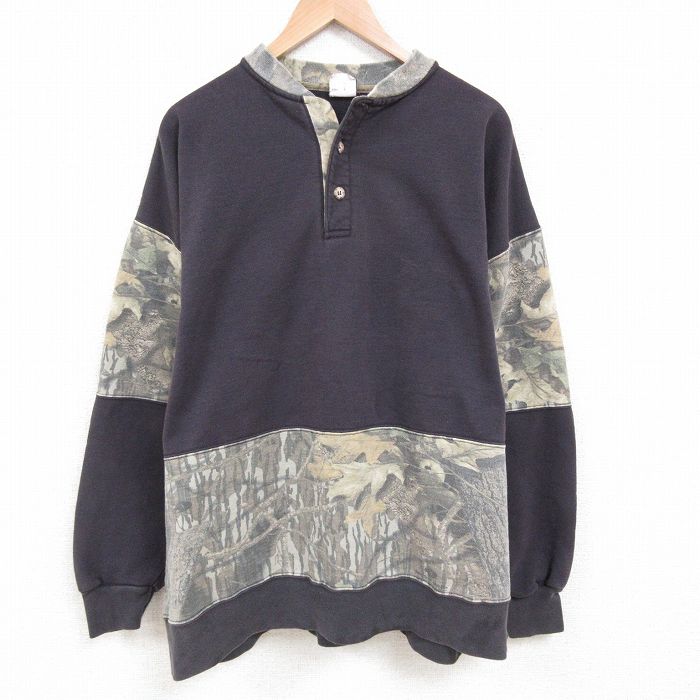 XL★古着 長袖 スウェット メンズ 90年代 90s 大きいサイズ ヘンリーネック USA製 黒他 ブラック 迷彩 25may24 中古 スエット トレーナー トップス